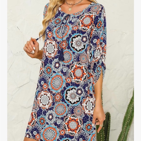 Hotouch NWT L blue orange white Bohemian Floral Print Tassel tie Dress - Picture 2 of 9